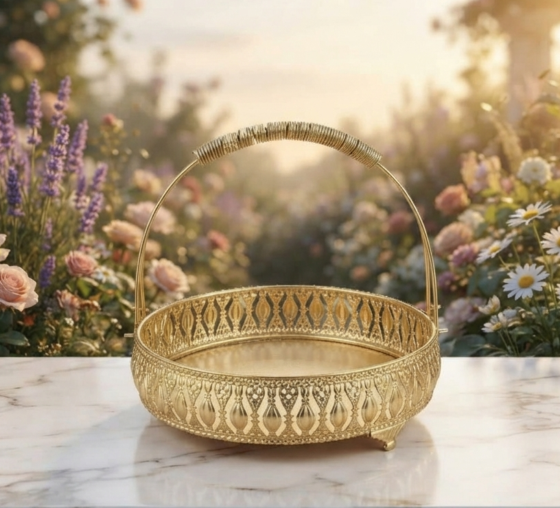 Round Gold-Finished Metal Tray Basket