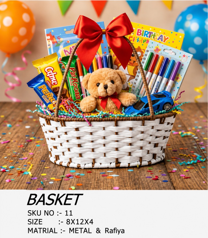 White-And-Brown Woven Raffia Gift Basket