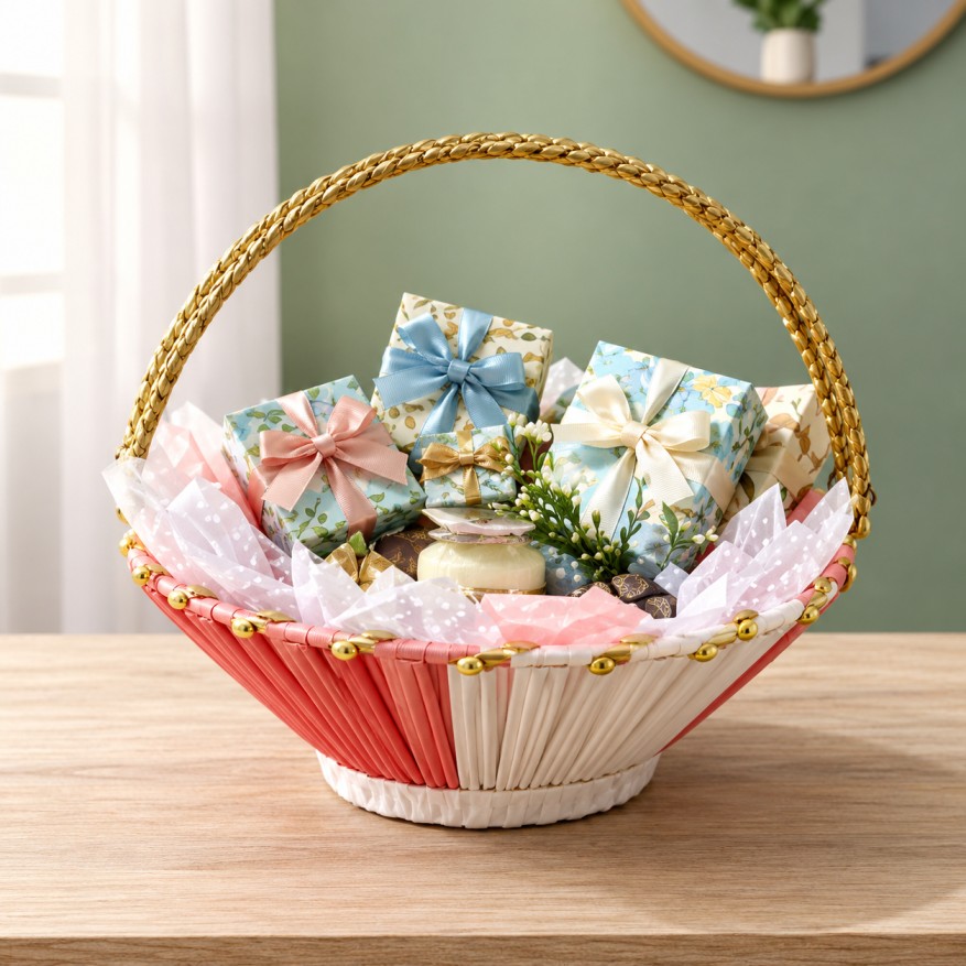 Elegant metal & raffia gift basket