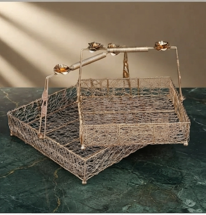 Nesting Square Gold-Finished Metal Wire Baskets
