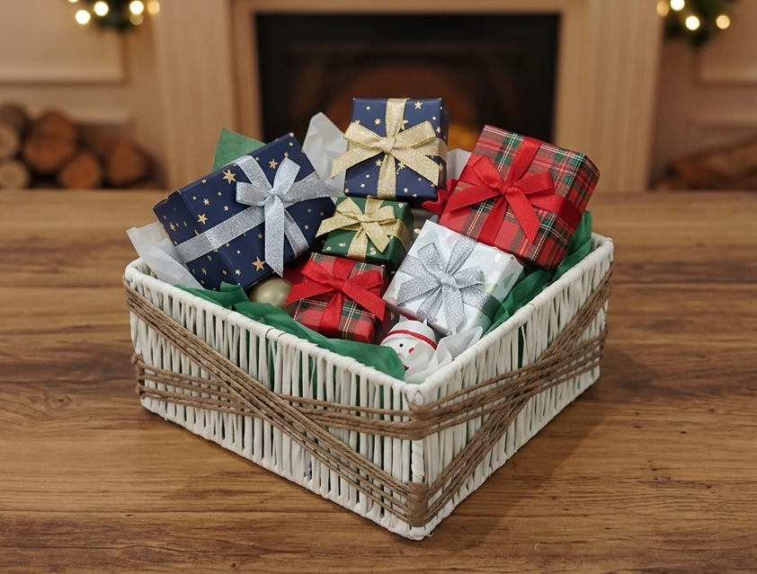 square woven white-and-natural raffia hamper basket