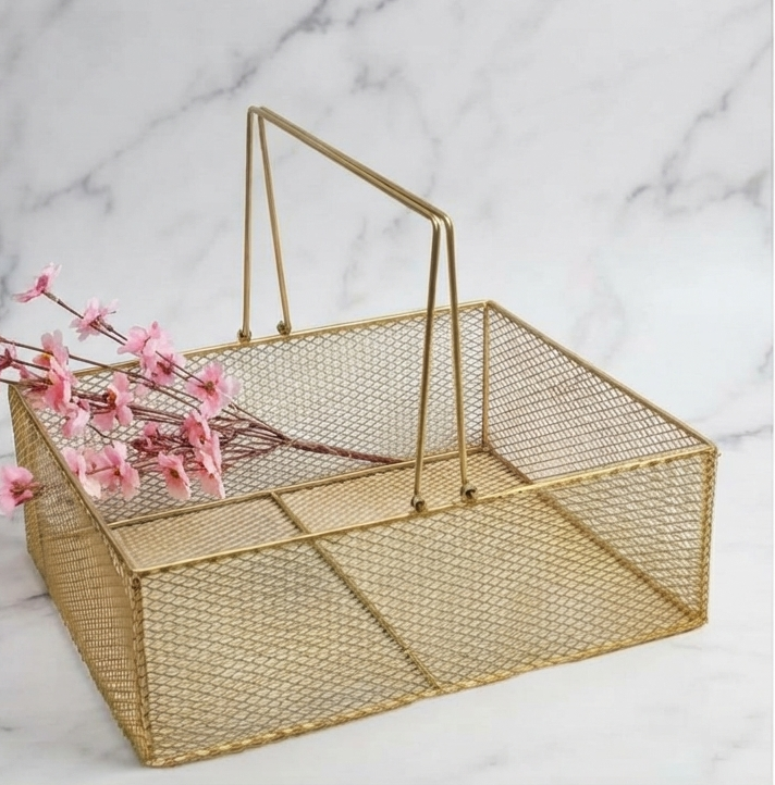 Spacious Rectangular Gold-Finished Metal Mesh Basket