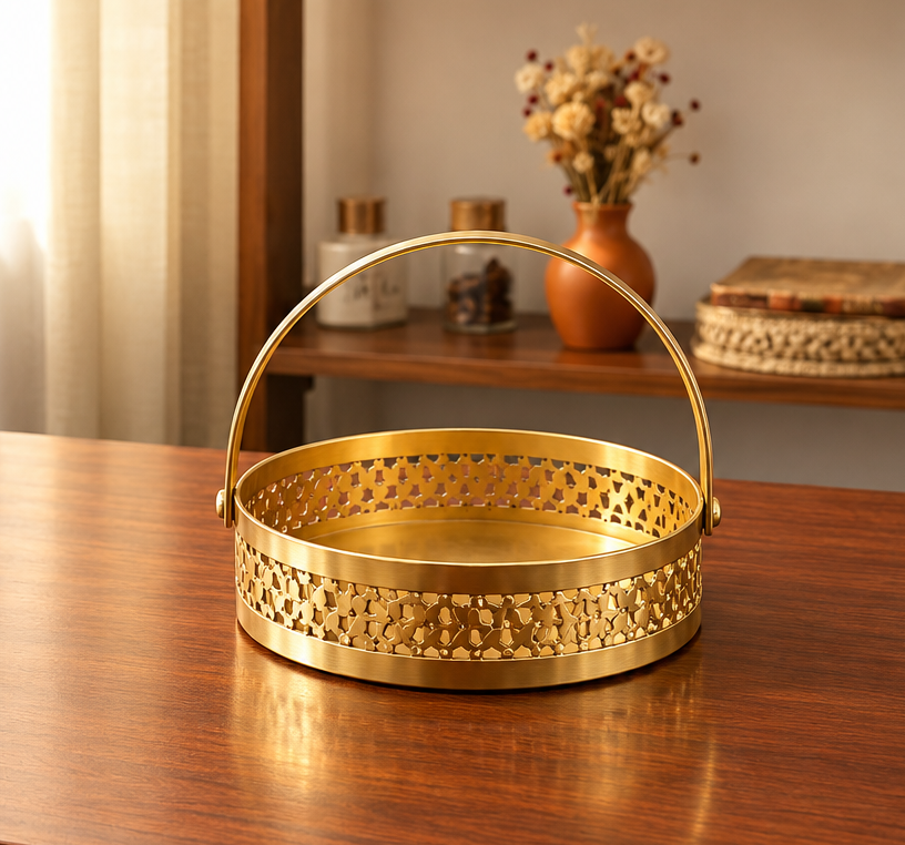 Shallow round gold-finished metal basket