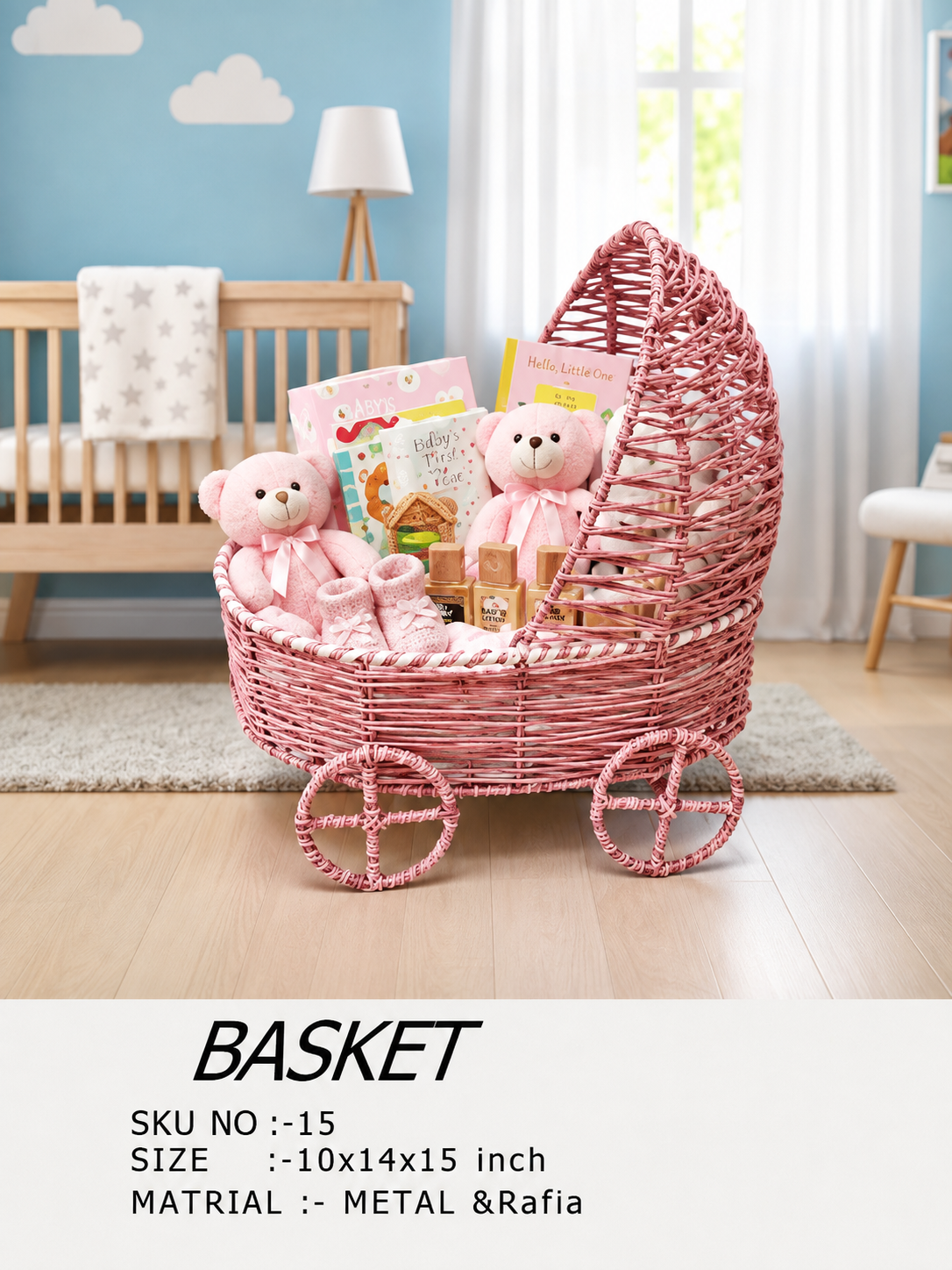 Pink Raffia Pram-Style Baby Hamper Basket