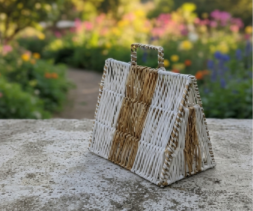 triangular A-frame raffia and metal basket