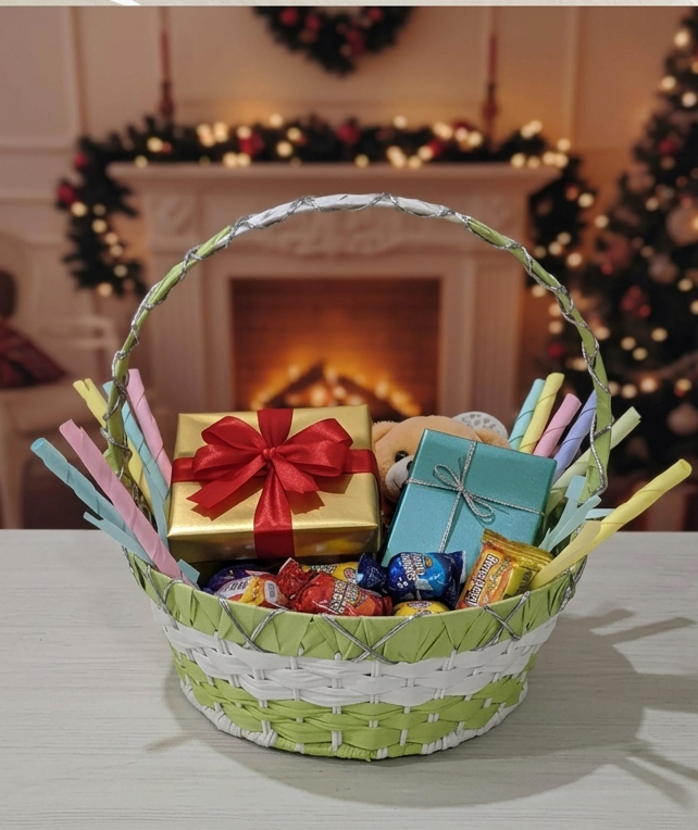 Round Woven Metal and Raffia Gift Basket