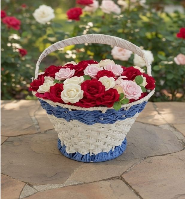 Flared, Conical Woven Metal and Raffia Basket