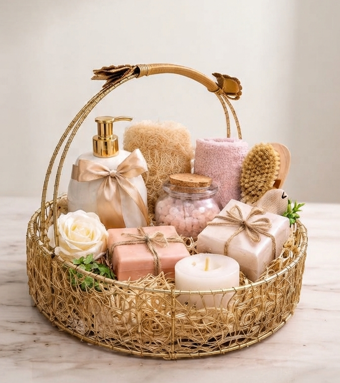 Round Gold-Finished Metal and Straw Basket