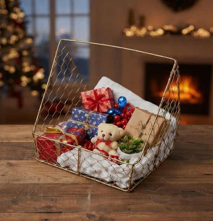 Sloping Triangular Gold-Finished Metal Wire Mesh Basket