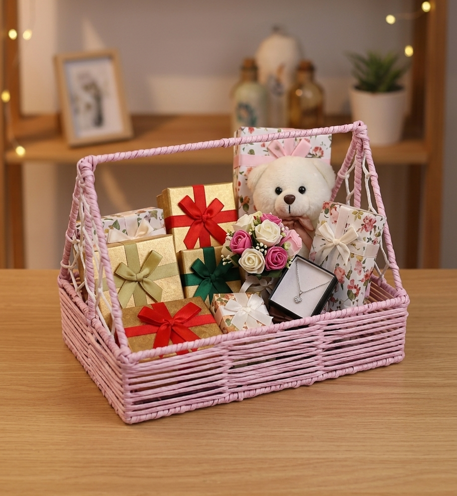 Handcrafted Pastel-Pink Gift Hamper Basket