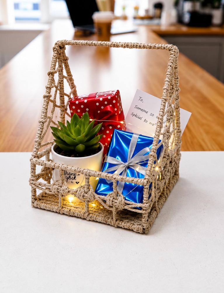 Handcrafted, Open-Weave Macrame Style Gift Hamper Basket