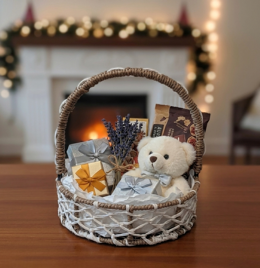 Handcrafted Round Metal-Frame Hamper Basket