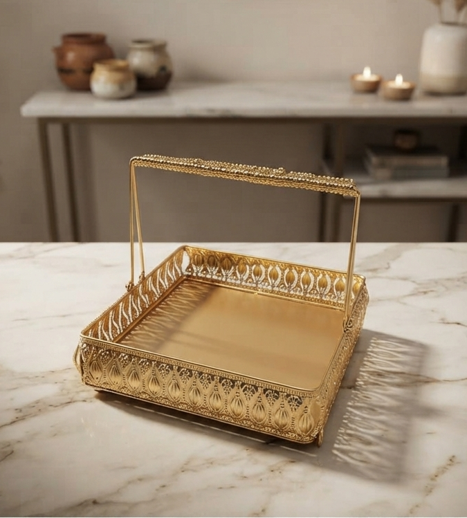 Square Gold-Finished Metal Tray Basket