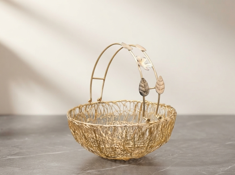 Round Gold-Finished Metal Wire Basket
