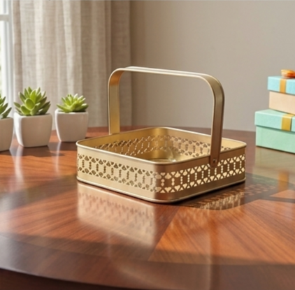 Low-profile square gold-finished metal basket