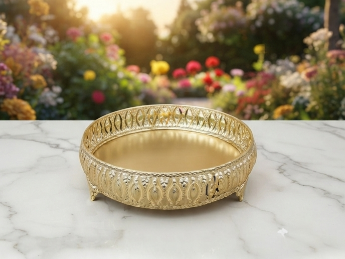 round gold-finished metal serving Basket